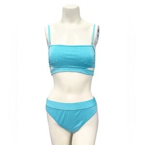 Cyn & Luca Tiffany Blue Rib Shimmer Cutout Bikini Set Top M Bottom L NWT